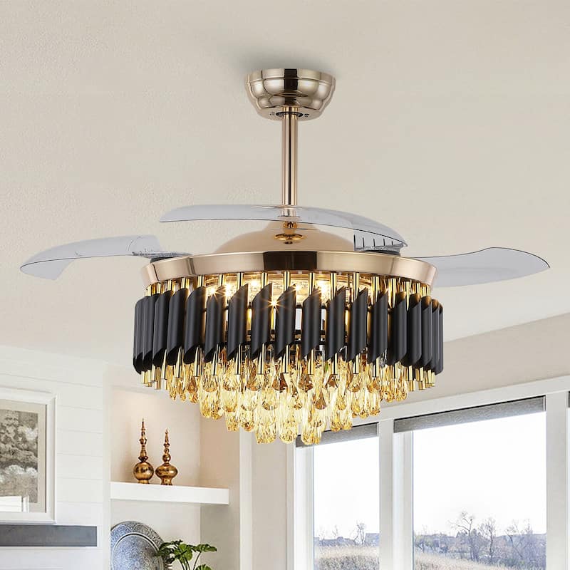 Kviflon 48" Crystal Fandelier Ceiling Fan with Light and Retractable Blades LED Dimmable for Bedroom Living Room - 48 Inches