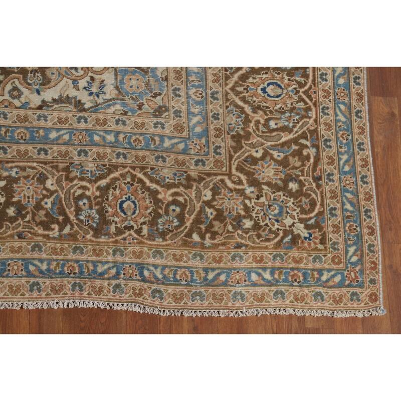 Traditional Mashad Vintage Persian Rug Handmade Orange Wool Carpet - 9'4" x 13'3"