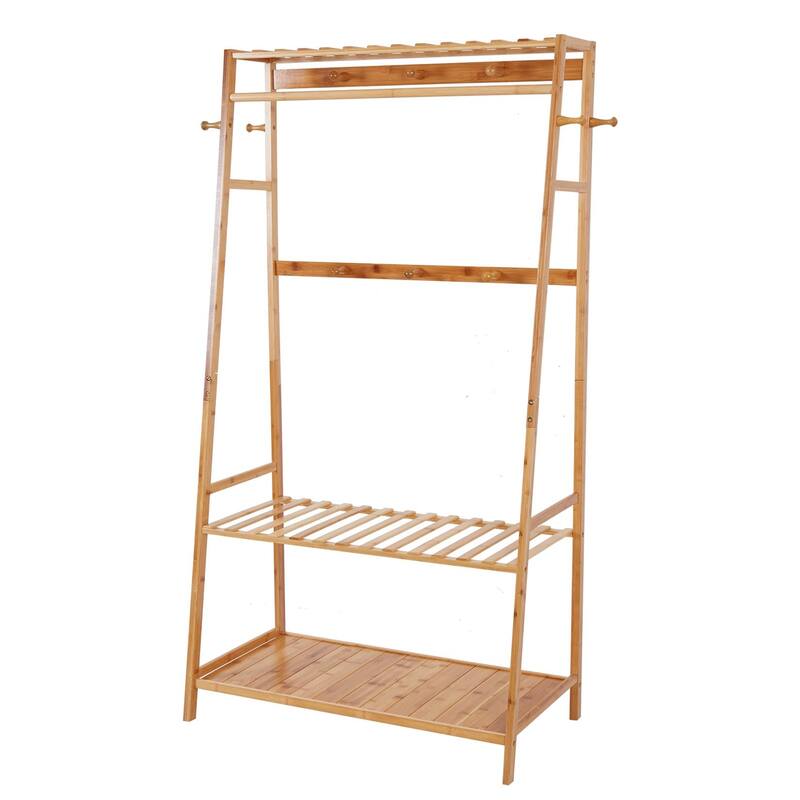 Bamboo Garment Rack Clothes Shelf Shoes Storage with Hooks