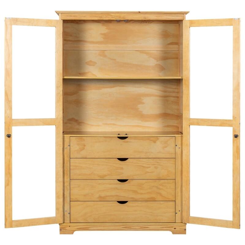 75" Tall Pine Wood Kitchen Pantry Cabinet with Glass Doors Four Drawers and Anti-Tipping Safety Features