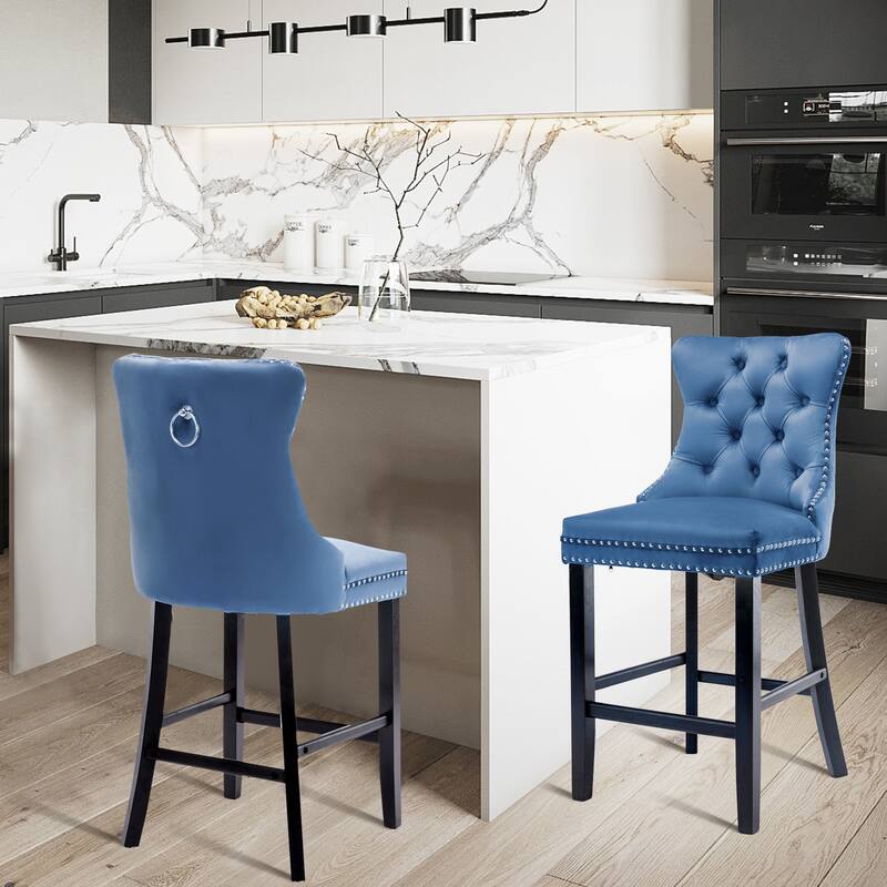 Contemporary Tufted Velvet Upholstered Counter Bar Stools Set of 2 - Set of 2 - Blue