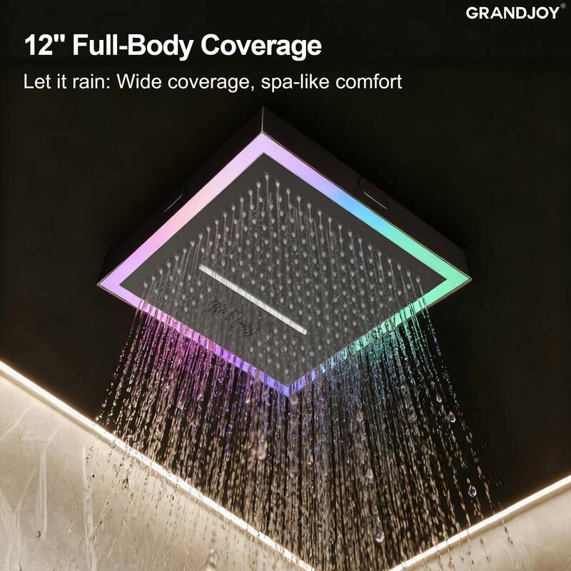 GRANDJOY Thermostatic LED Rain and Waterfall Shower System with Handheld, Built-In Music Function