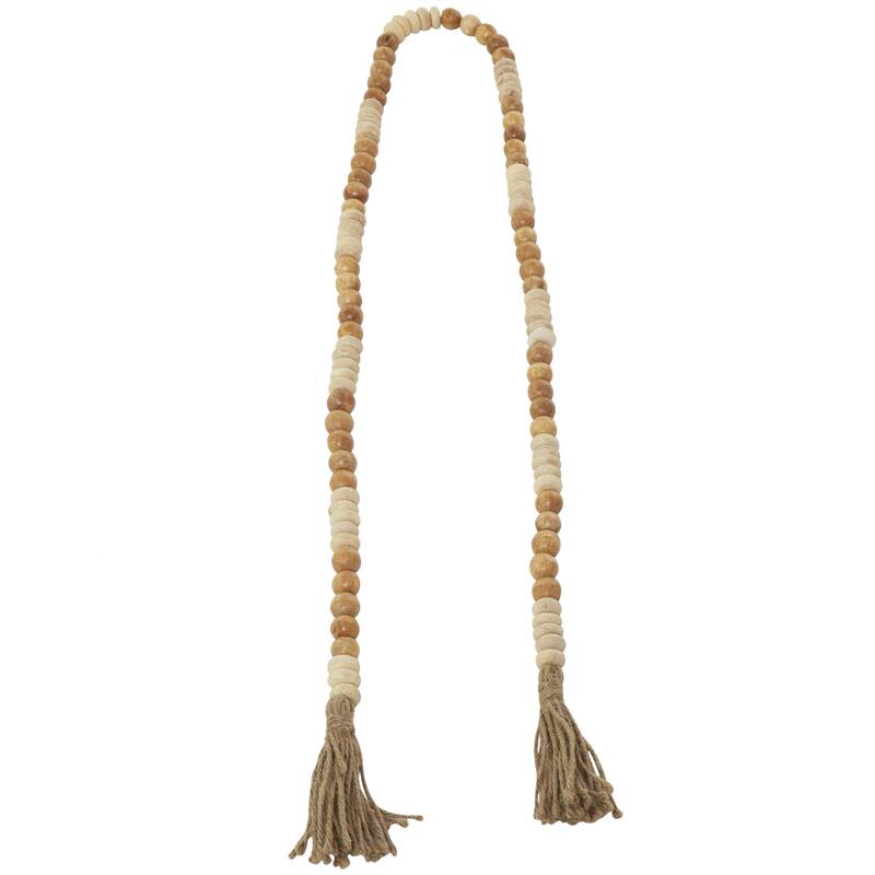 Mango Wood Handmade Round Long Carved Beaded Garland with Tassel - Brown - Roche River Decor