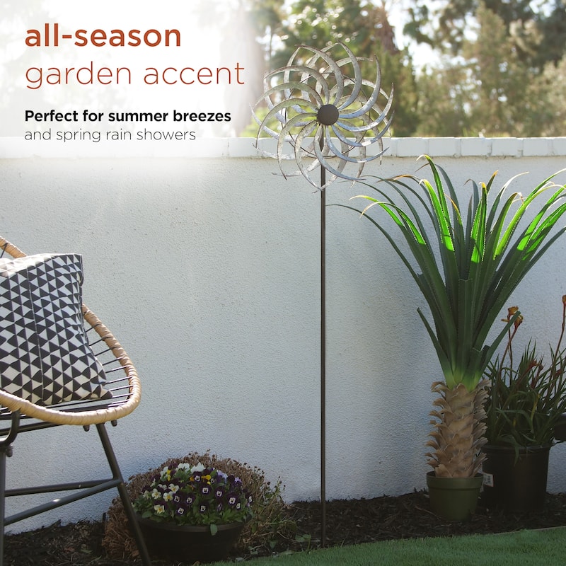 Alpine Corporation 58" Tall Outdoor Galvanized Metal Dual Windmill Spinner Stake Yard Decoration, Silver