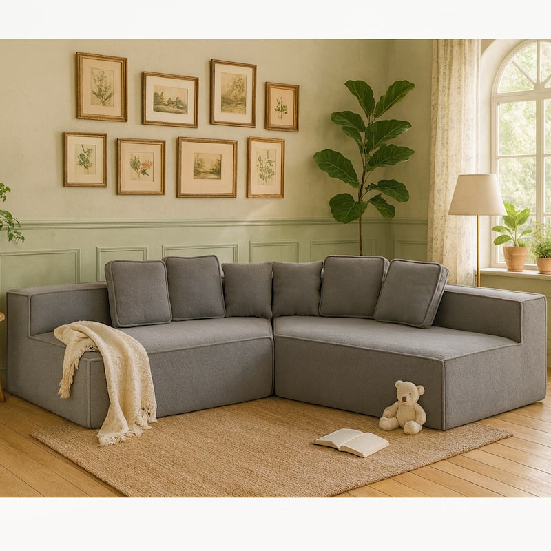 132"Oversized Teddy Fabric Modular Sectional Sofa,Full-Foam Cushion Design with Ultra Soft Feel with Six Cushions - Blue Gray