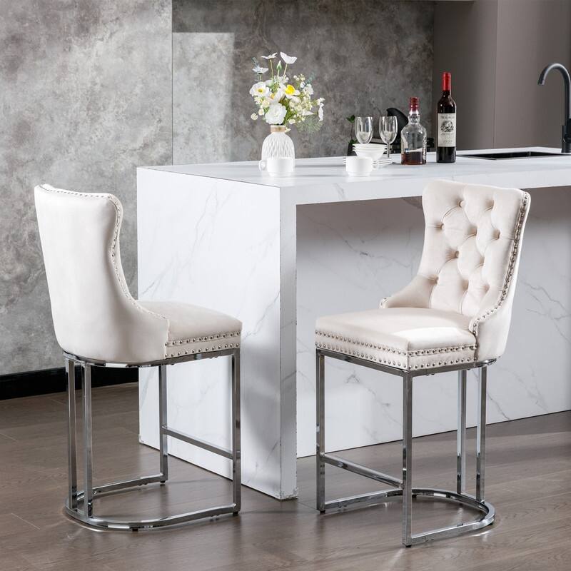 26" Counter Height Bar Stools Set of 2, Modern Velvet Barstools with Button Back&Rivet Trim Upholstered