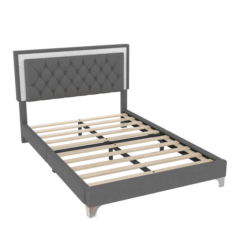 Full Size Upholstered Bed Frame with LED Lights, Modern Velvet Platform Bed with Tufted Headboard, Pink