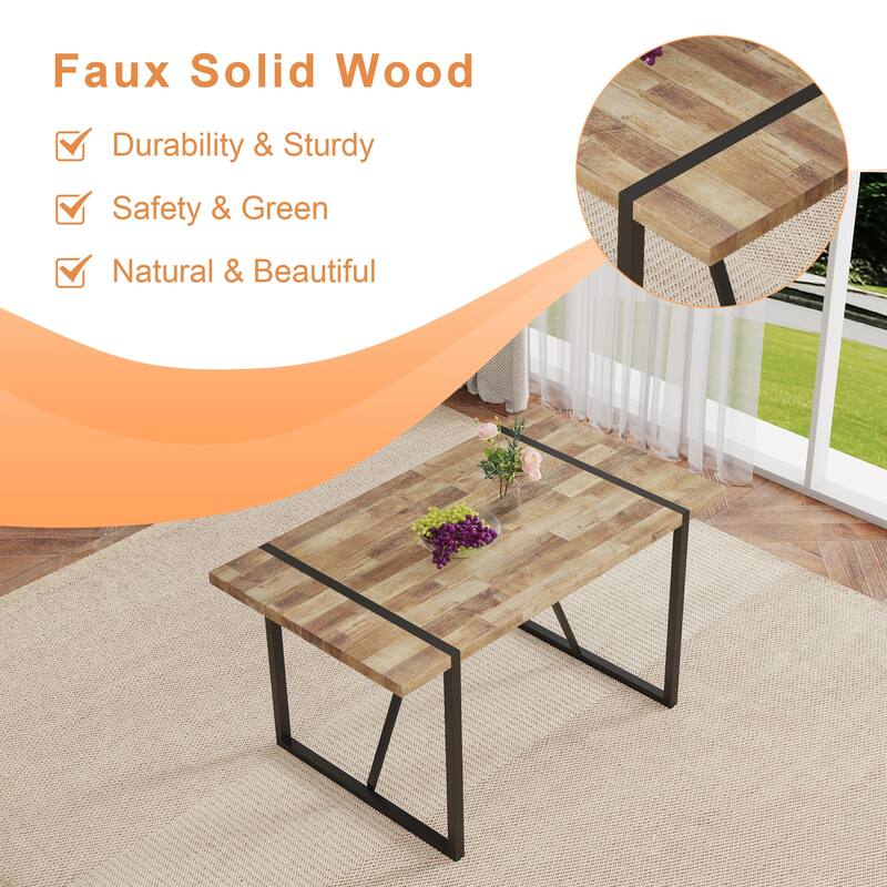Modern Dining Table with Wood Textured Tabletop Unique Spliced Pattern Office Table with Anti-Slip Feet