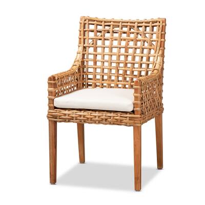 Rattan Dining Chair Wood Chair with Cushion - Natural Brown Finish Cozy Accent Chair for Kitchen or Dining Room