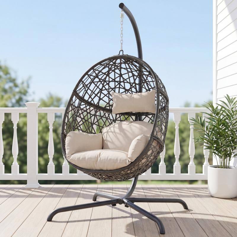 Oversized Hanging Egg Chair with Stand, Indoor/Outdoor Wicker Swing Chair for Patio Porch Balcony with Cushions - Beige
