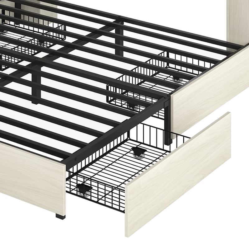 Queen/King Size LED Bed Frame with Bookcase Headboard, 4 Storage Drawers and Charging Station