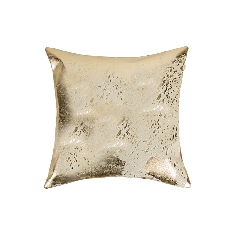 Set of Two 18" Natural and Gold Abstract Cowhide Throw Pillows with Glitter