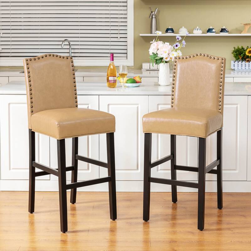Glitzhome Set of 2 45"H PU Riveted Upholstered Bar Stools Pub Chairs