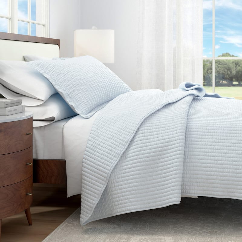 Linery & Co. Detailed Channel Stitch Microfiber Quilt Set With Shams. - Baby Blue - Queen