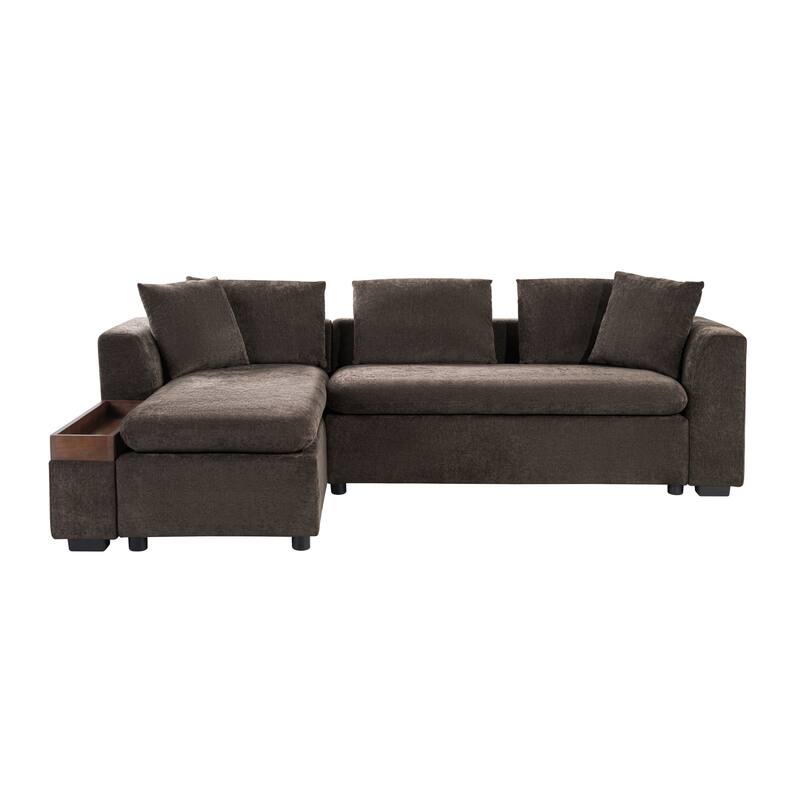 L-Shaped Sectional Sofa with Chaise Lounge, Chenille Upholstered Sleeper Couch with Wooden Storage Compartment & Throw Pillows