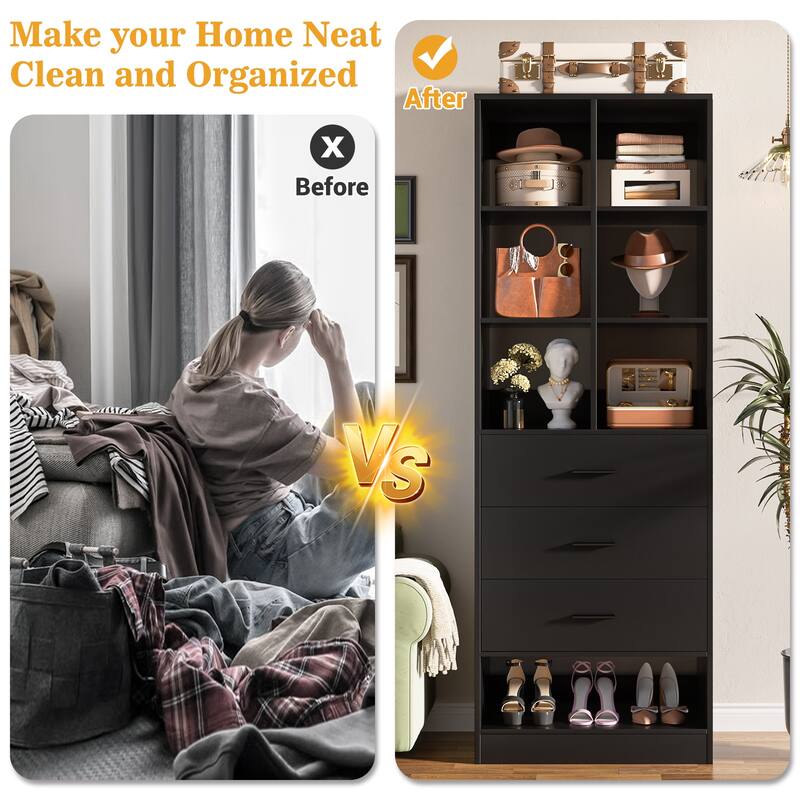Qvella 23.6'' W Closet System with 3 Wooden Drawers and Partition Storage,Modular Closet Organizer for Walk-in/Reach-in Closet