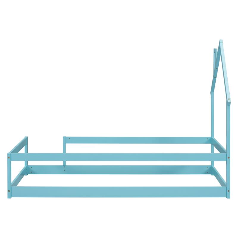 Whimsical Twin Floor Bed with House-Style Headboard and Full-Length Guardrails for Kids
