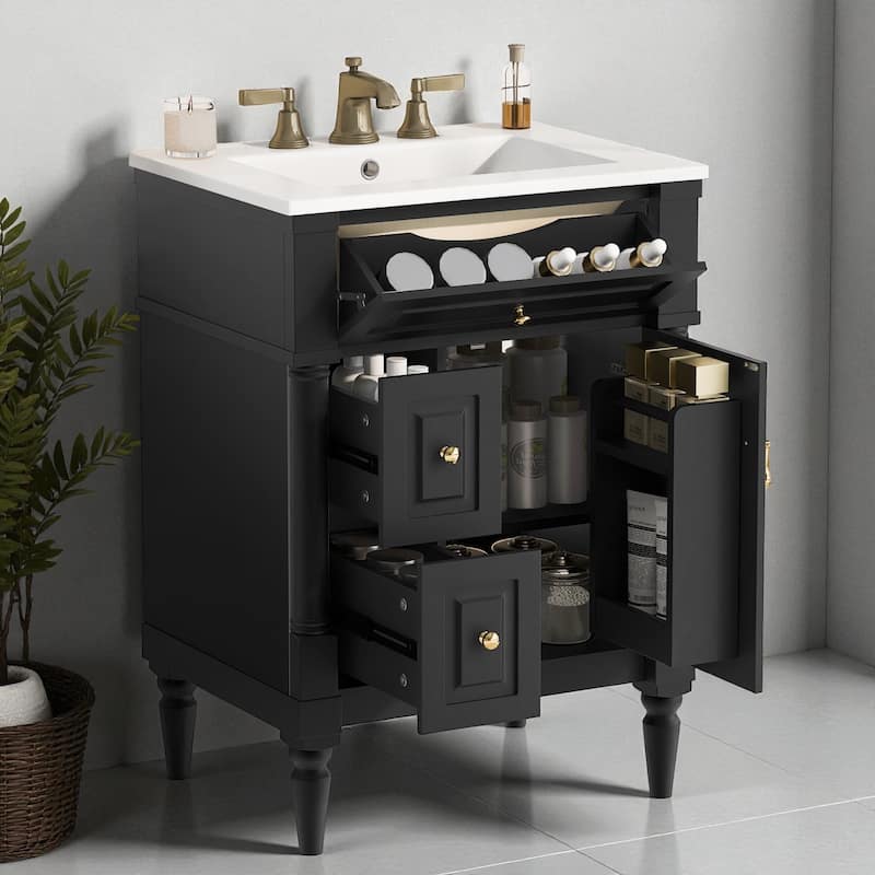 24" Freestanding Bathroom Vanity with Ceramic Sink, Solid Rubberwood Frame, Flip Drawer & Adjustable Shelf