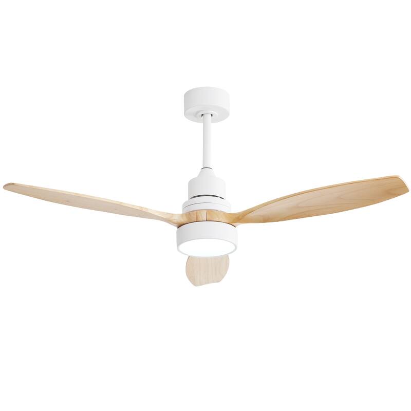 52 Inch Modern Ceiling Fan with Dimmable LED Light and Remote, 3 Wooden Blades - 52 Inch - White with Burlywood Blades