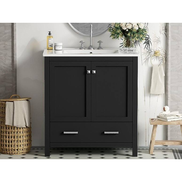 GDFStudio - Aurora Wood Bathroom Vanity Set with Ceramic Sink and Divided Drawers - 30" - Black