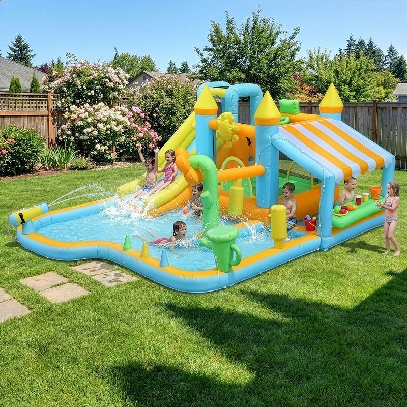 Oxford Cloth Inflatable Castle In Blue Garden Theme Bounce House With Slide, Trampoline And Playhouse - N/A