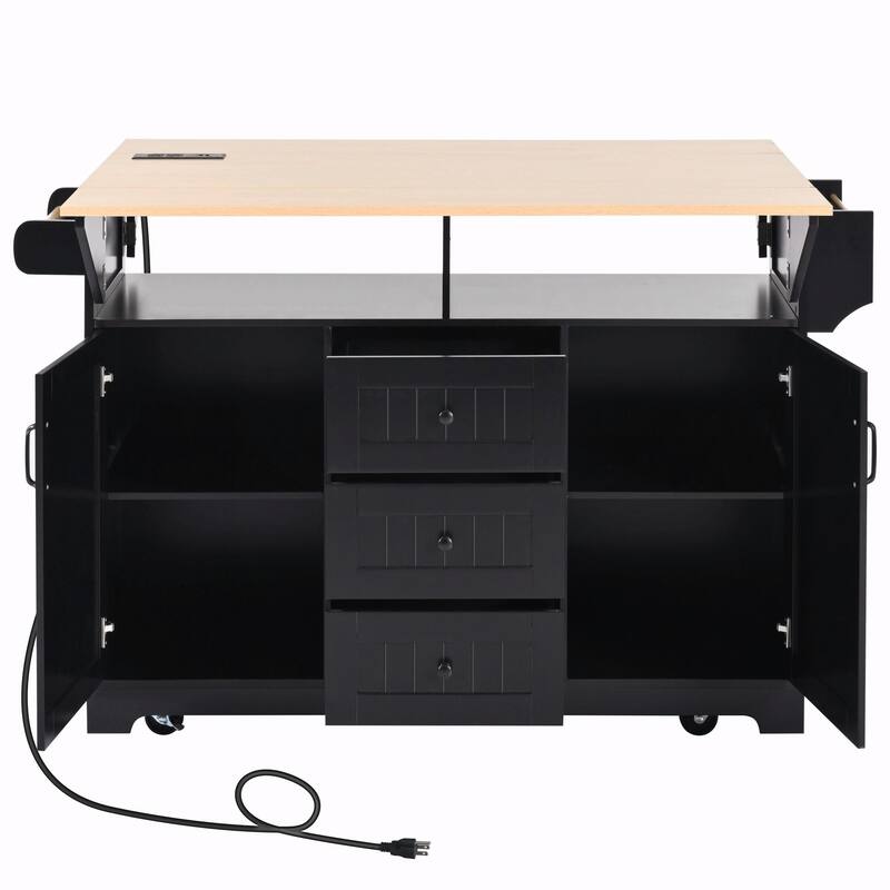 55.7" Kitchen Island with Drop Leaves, Rolling Cart with Power Outlet, Spice Rack, and 3 Drawers