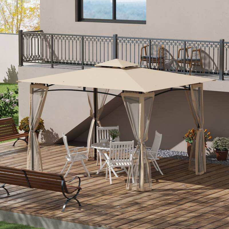 Outsunny 10' x 12' Patio Gazebo with Netting, Double Roof Outdoor Gazebo Canopy Shelter, Solid Metal Frame