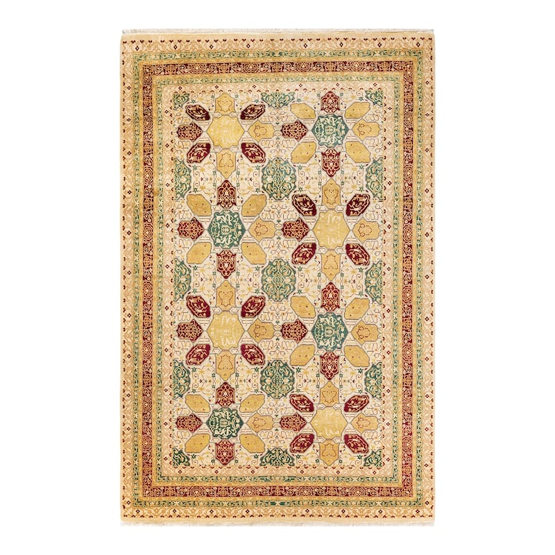 Overton Handknotted Wool Traditional Geometric Ivory Area Rug - 6' x 9' - Ivory - 6' x 9'