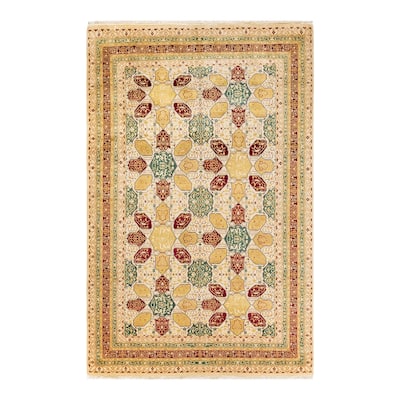 Overton Handknotted Wool Traditional Geometric Ivory Area Rug - 6' x 9'