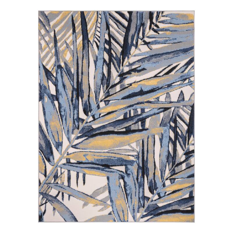 Lela Collection Blue, Grey, and Ivory Tropical Leaf Polyester Rug