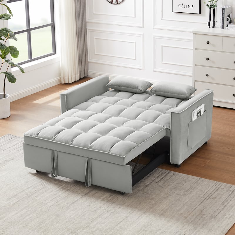 3 in 1 Convertible Sleeper Sofa Bed, Velvet Futon Sofa Bed, Small Loveseat Sofa with Reclining Back, Pillows & Pockets