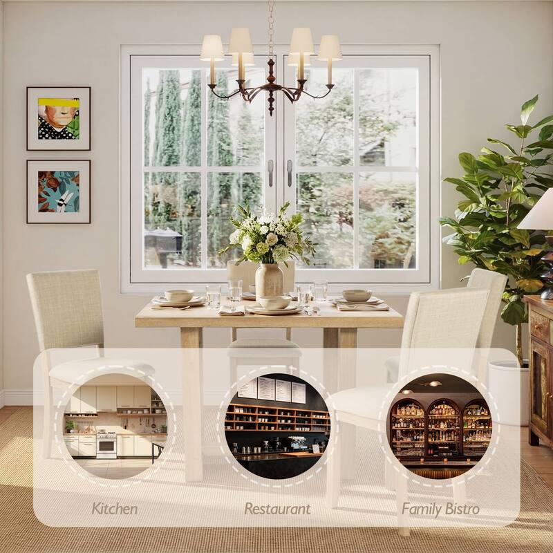 Rossetta 5-Piece Wood Transitional Farmhouse Style Dining Table Set with U-Shaped Trestle Base Table, 4 Upholstered Side Chairs