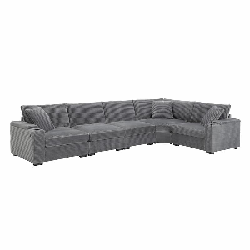 Convertible L Shaped Sectional Sofa, Oversized Corduroy Upholstered Sofa, Modular Corner Sofa with Cup Holders & USB Charger