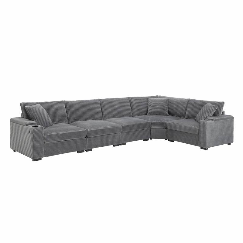 L Shaped Convertible Sectional Sofa w Armrest Storage, Cup Holders, USB