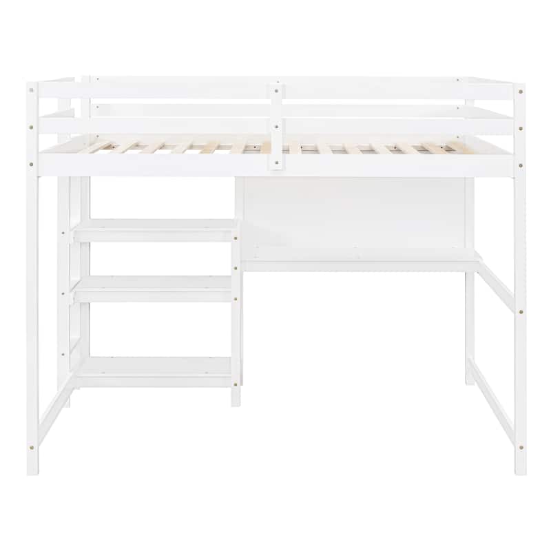 Full Size Wooden Loft Bed with Shelves, Desk and Writing Board