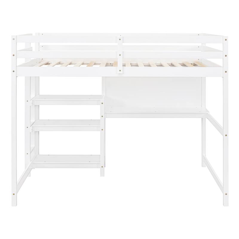 Wooden Twin/Full Size High Loft Bed with Built-in Desk and Shelves