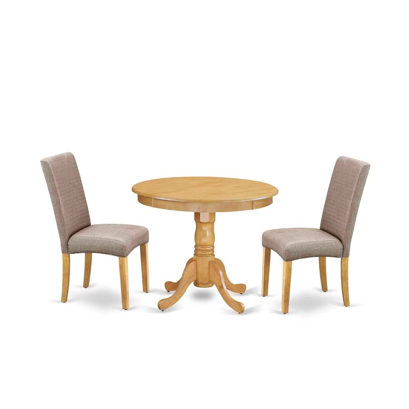 Medieval Round Dining Set - 3 Piece Table & Chair Set - Oak Finish - Dark Khaki Linen Fabric - Cozy Dining