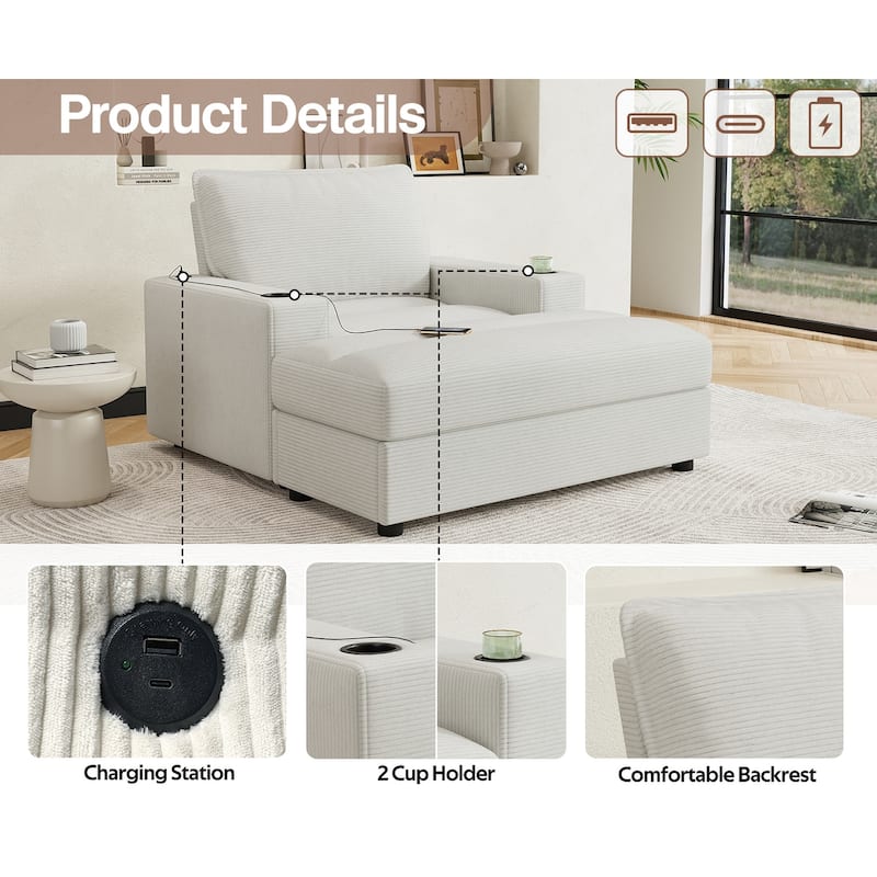 Oversized 42.8" Chaise Lounge Chair with Storage Ottoman, Corduroy Sleeper Chair with Cup Holders & USB Port for Living Room