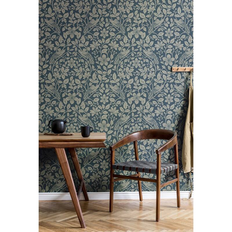 Marlow Dark Blue Bird Vine Wallpaper