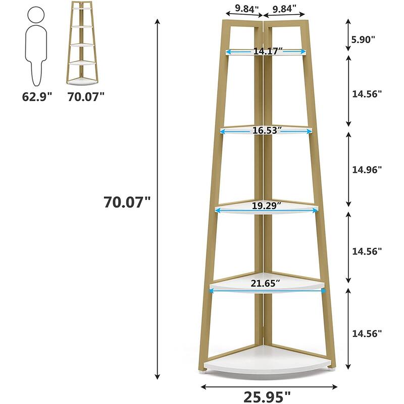 5 Tier Corner Ladder Shelf, Display Bookcase Storage Shelves for Living Room