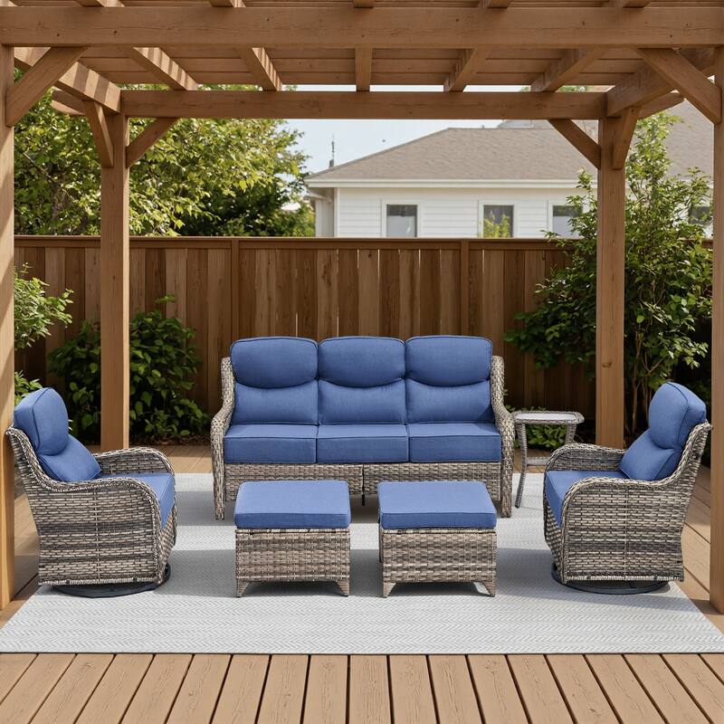 Meyreso 6-Piece Wicker Patio Conversation Set with Swivel Gliders and 6-Inch Thick Olefin Cushions - Gray Wicker - Navy Blue Cushions