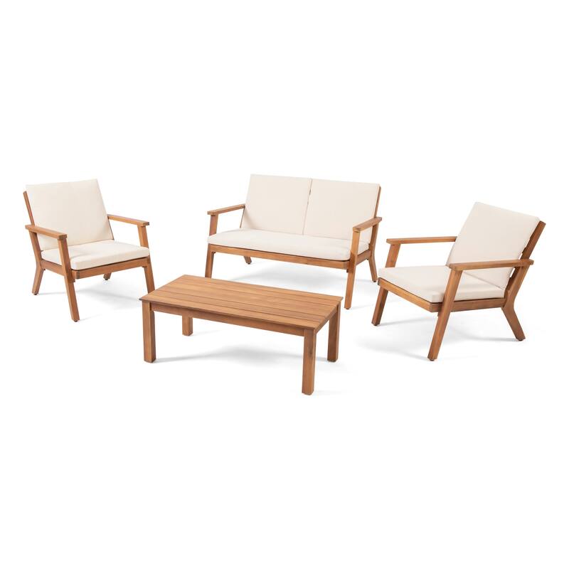 Temecula Outdoor Acacia Wood 4-Seater Chat Set by Christopher Knight Home - Brown Patina Finish + Cream Cushion