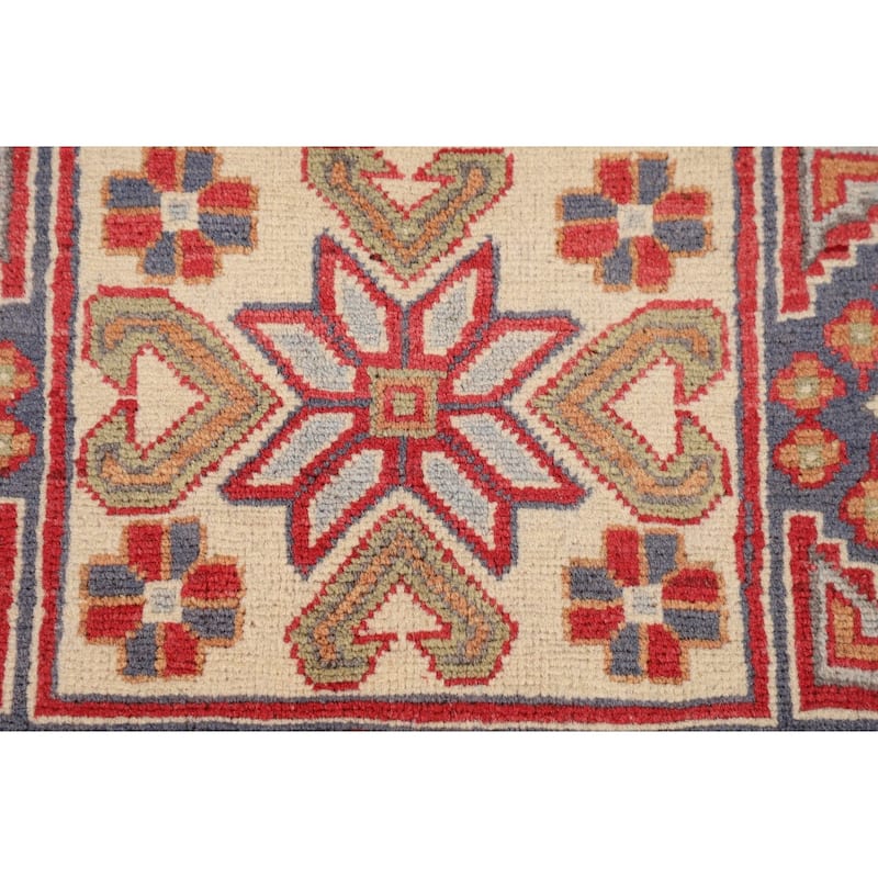 Oriental Red Geometric Kazak Area Rug Hand-Knotted Wool Carpet - 6'5" x 9'8"