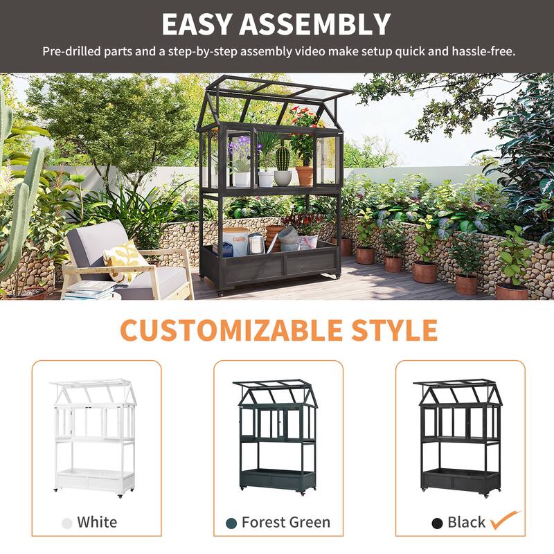 Roomfitters Portable Wooden Cold Frame Greenhouse with Wheels, Openable Roof and Storage Box for Garden Plants
