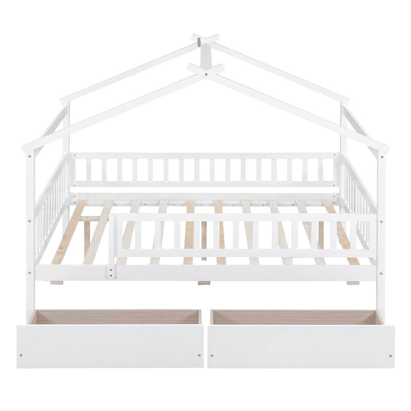 Wooden Twin/Full House Bed with Drawers, Imaginative Play Design, and Storage for Kids, Available in Multiple Colors