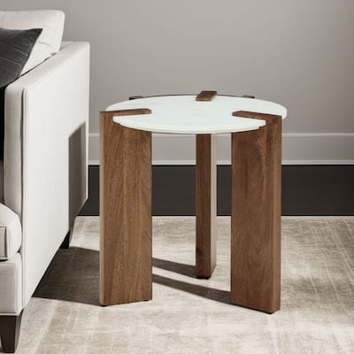 Wrenn Side End Table, Round White Marble Top, 20 Inch Brown Mango Wood