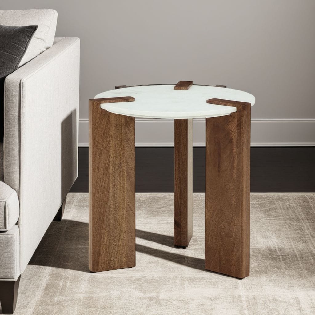 Wrenn Side End Table, Round White Marble Top, 20 Inch Brown Mango Wood