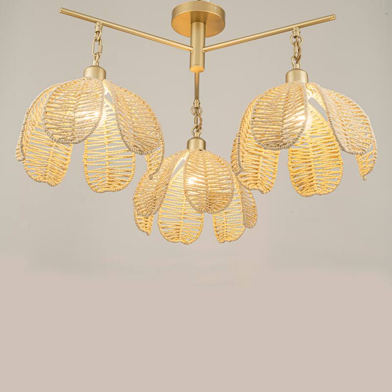 Cali 3-Light Rattan Floral Semi Flush Mount, Coastal Boho - Handwoven - 20 in. Wide