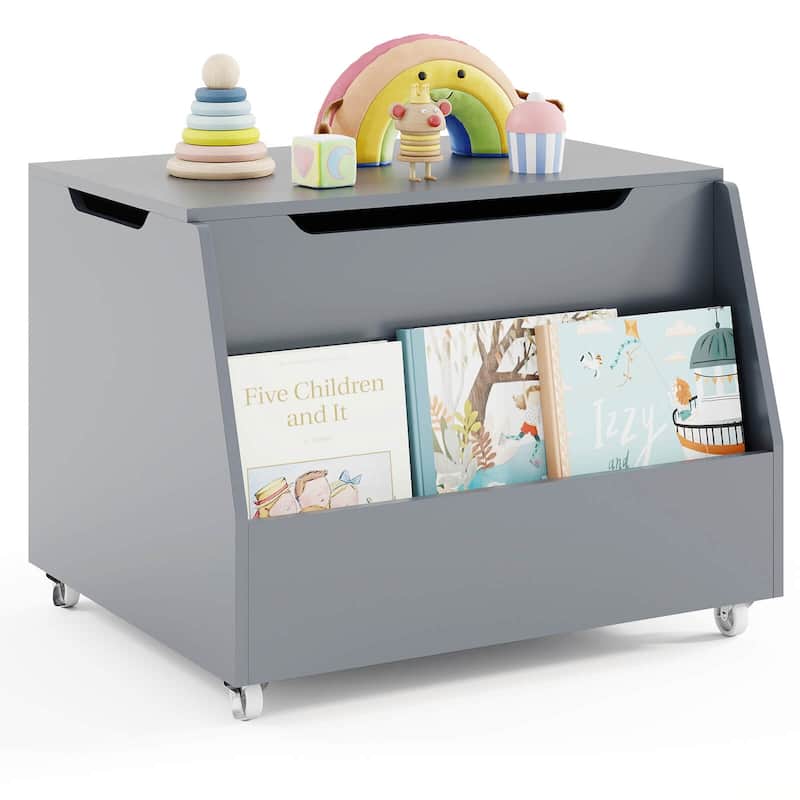 Costway Kids Toy Box Wooden Mobile Toy Storage Organizer with - See Details - Grey