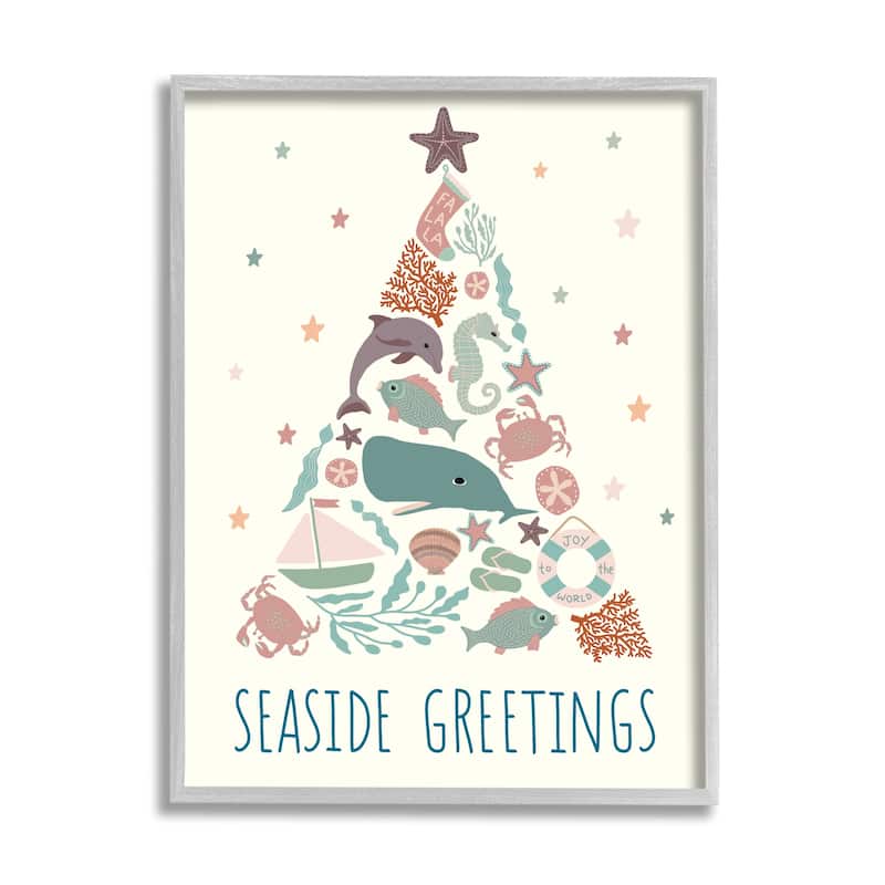 Stupell Seaside Greetings Aquatic Animals Botanicals Christmas Tree Framed Giclee Art Design By Darlene Seale - 24 x 30 - Grey